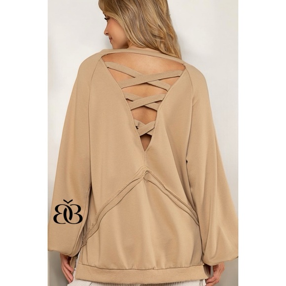 POL Mocha Criss Cross Back Slouchy French Terry Pullover - Picture 5 of 12